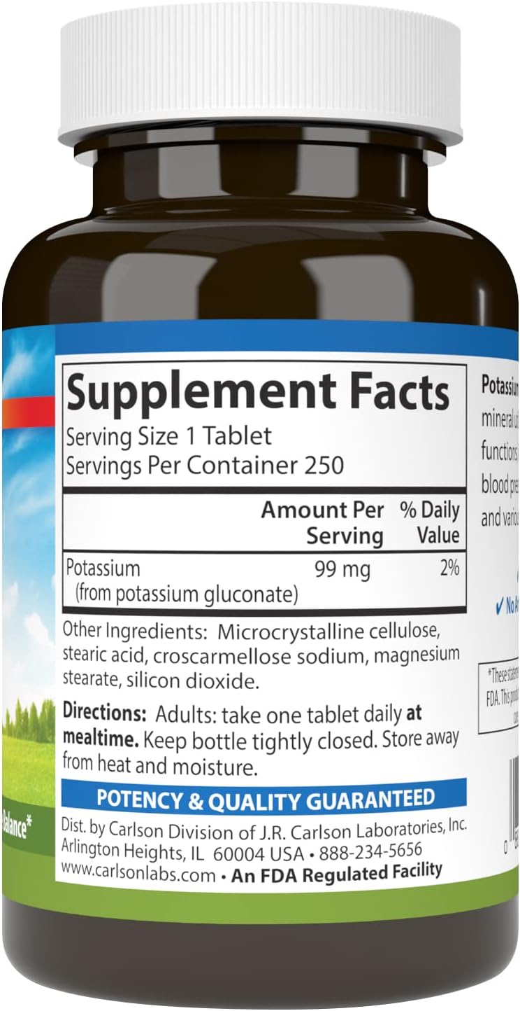 Carlson - Potassium, 99 mg, Promotes Nerve Health &amp; Muscle Function, 250 Tablets