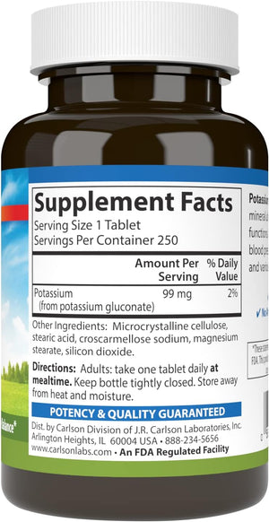 Carlson - Potassium, 99 mg, Promotes Nerve Health & Muscle Function, 250 Tablets