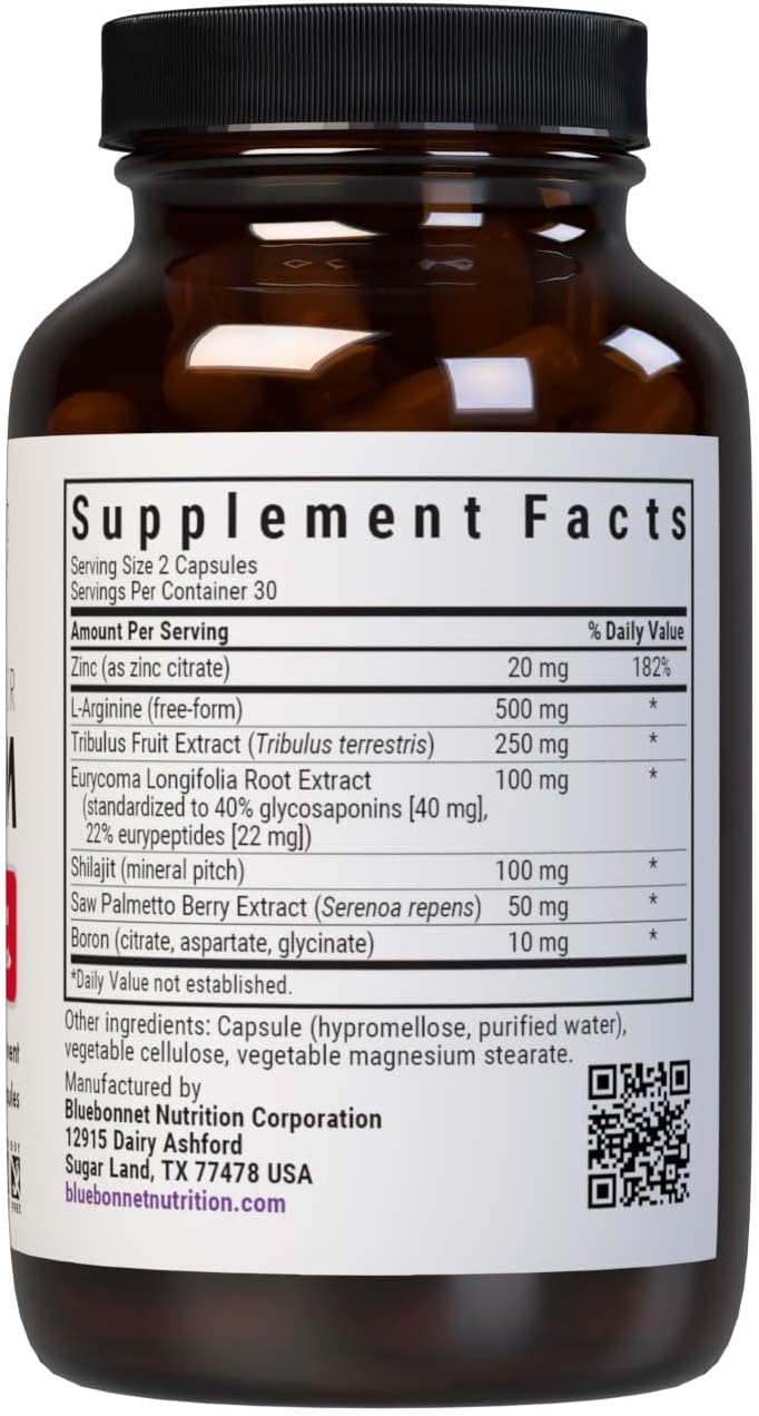 Bluebonnet Nutrition Intimate Essentials for Him, Testosterone &amp; Libido Boost*, on-GMO, Vegan, Kosher Certified, Gluten-Free, Soy-Free, Milk-Free, 60 Vegetable Capsules, 30 Servings