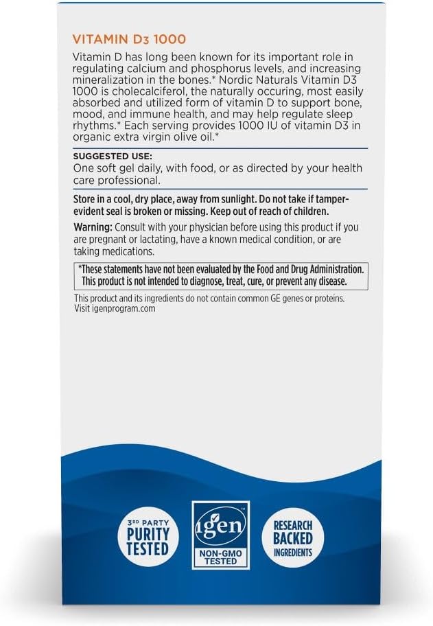 Nordic Naturals Vitamin D3 1000, Orange - 120 Mini Soft Gels - 1000 IU Vitamin D3 - Supports Healthy Bones, Mood &amp; Immune System Function - Non-GMO - 120 Servings