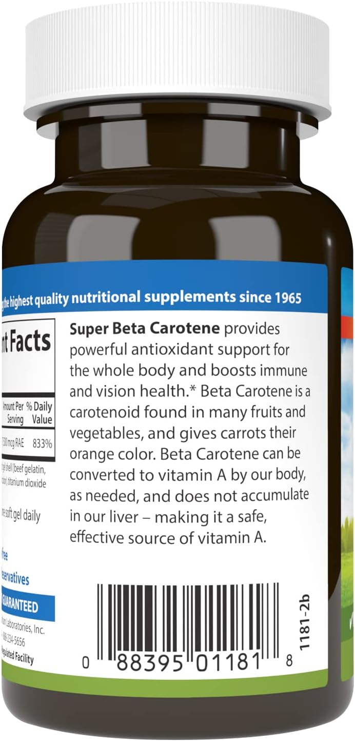 Carlson - Super Beta Carotene, 25000 IU (15 mg), Vitamin A as Beta Carotene, Bioavailable and Bioactive Form, Vision Health, Healthy Skin, 100 Softgels