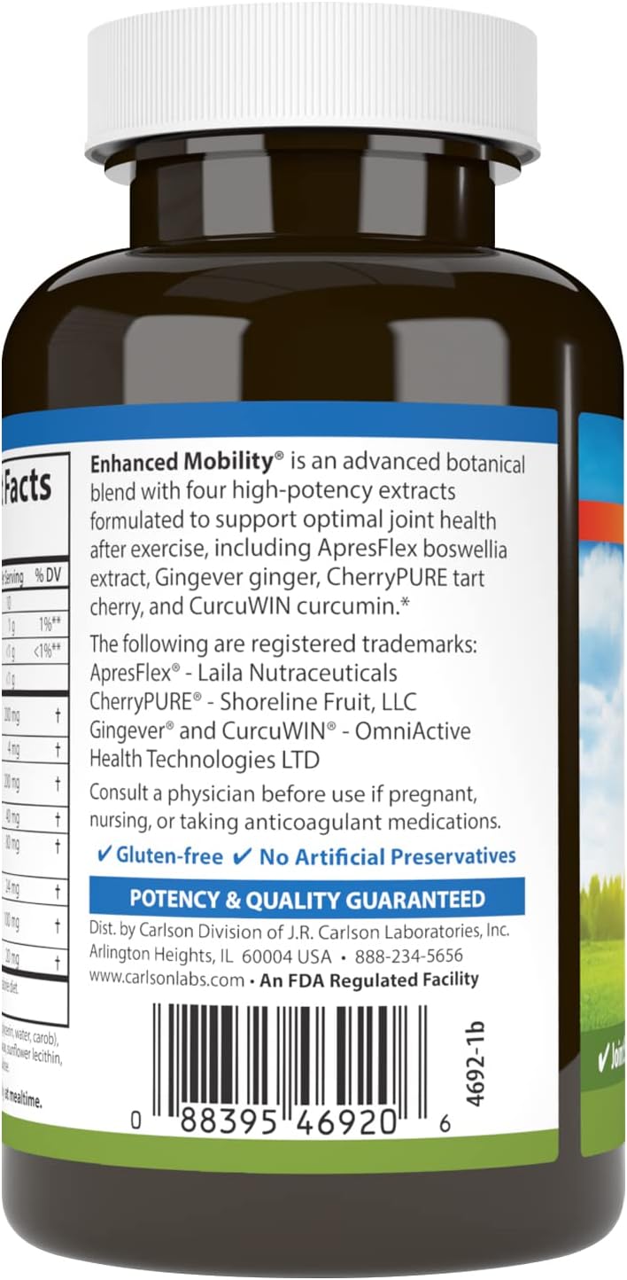 Carlson - Enhanced Mobility, Botanical Joint Support, Boswellia, Tart Cherry, Curcumin, Ginger, 120 Softgels