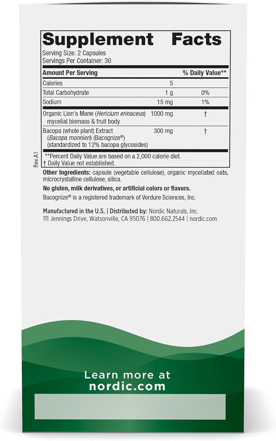 Nordic Naturals Cognition Mushroom Complex, Unflavored - 60 Capsules - Brain, Memory &amp; Mood Support - Blend of Lion’s Mane Mushroom &amp; Bacopa Extract - Non-GMO - Certified Vegan - 30 Servings