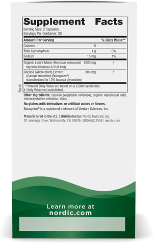 Nordic Naturals Cognition Mushroom Complex, Unflavored - 60 Capsules - Brain, Memory & Mood Support - Blend of Lion’s Mane Mushroom & Bacopa Extract - Non-GMO - Certified Vegan - 30 Servings