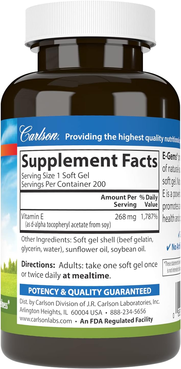 Carlson - E-Gems, 400 IU, Heart Health &amp; Optimal Wellness, Antioxidant, 200 soft gels