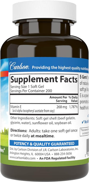 Carlson - E-Gems, 400 IU, Heart Health & Optimal Wellness, Antioxidant, 200 soft gels
