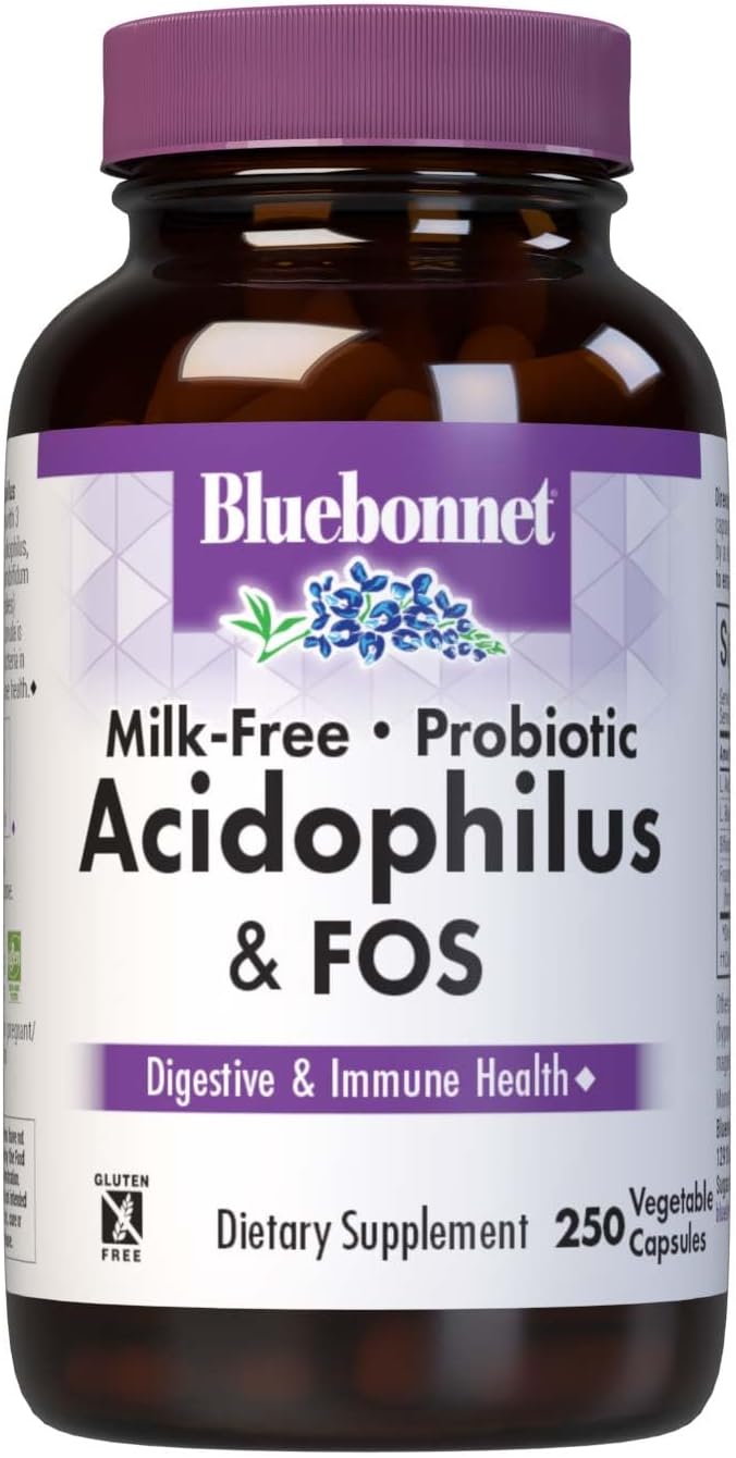 Bluebonnet Nutrition Milk-Free Probiotic Acidophilus &amp; FOS, Digestive Health*, Immune Health*, Gluten-Free, Soy-Free, Dairy-Free, 250 Vegetable Capsules, 250 Servings