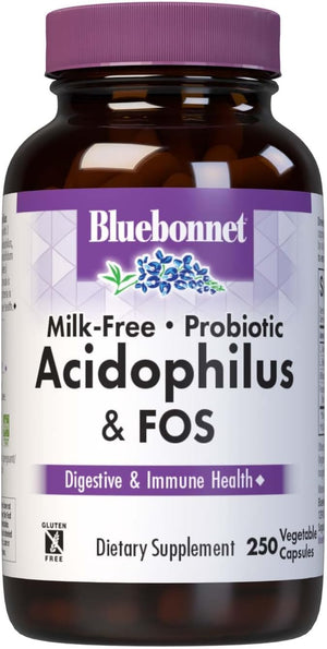 Bluebonnet Nutrition Milk-Free Probiotic Acidophilus & FOS, Digestive Health*, Immune Health*, Gluten-Free, Soy-Free, Dairy-Free, 250 Vegetable Capsules, 250 Servings