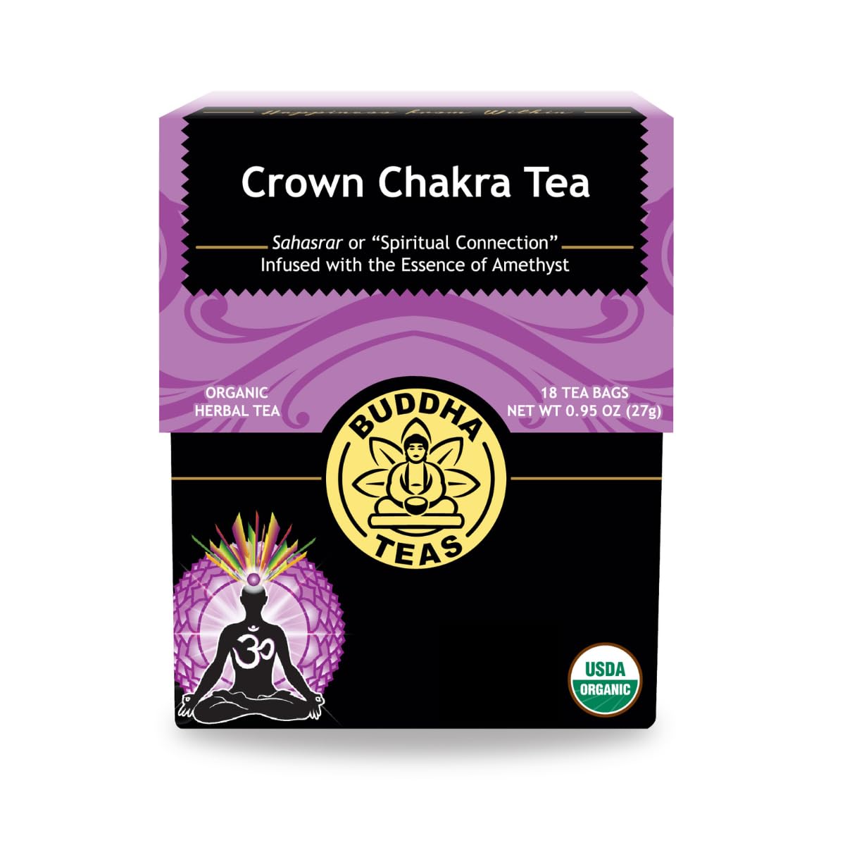 Buddha Teas - Crown Chakra Tea - Organic Herbal Tea - For Spiritual Connection - With Lavender, Gotu Kola Leaf, Rose Petal & Amethyst Essence - 100% Kosher - 18 Tea Bags