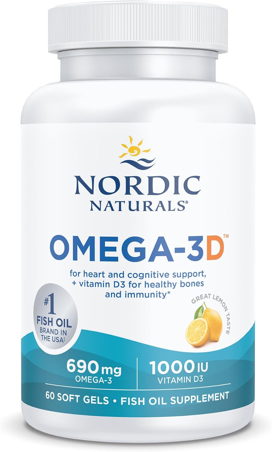 Nordic Naturals Omega-3D, Lemon Flavor - 60 Soft Gels - 690 mg Omega-3 + 1000 IU Vitamin D3 - Fish Oil - EPA &amp; DHA - Immune Support, Brain &amp; Heart Health, Healthy Bones - Non-GMO - 30