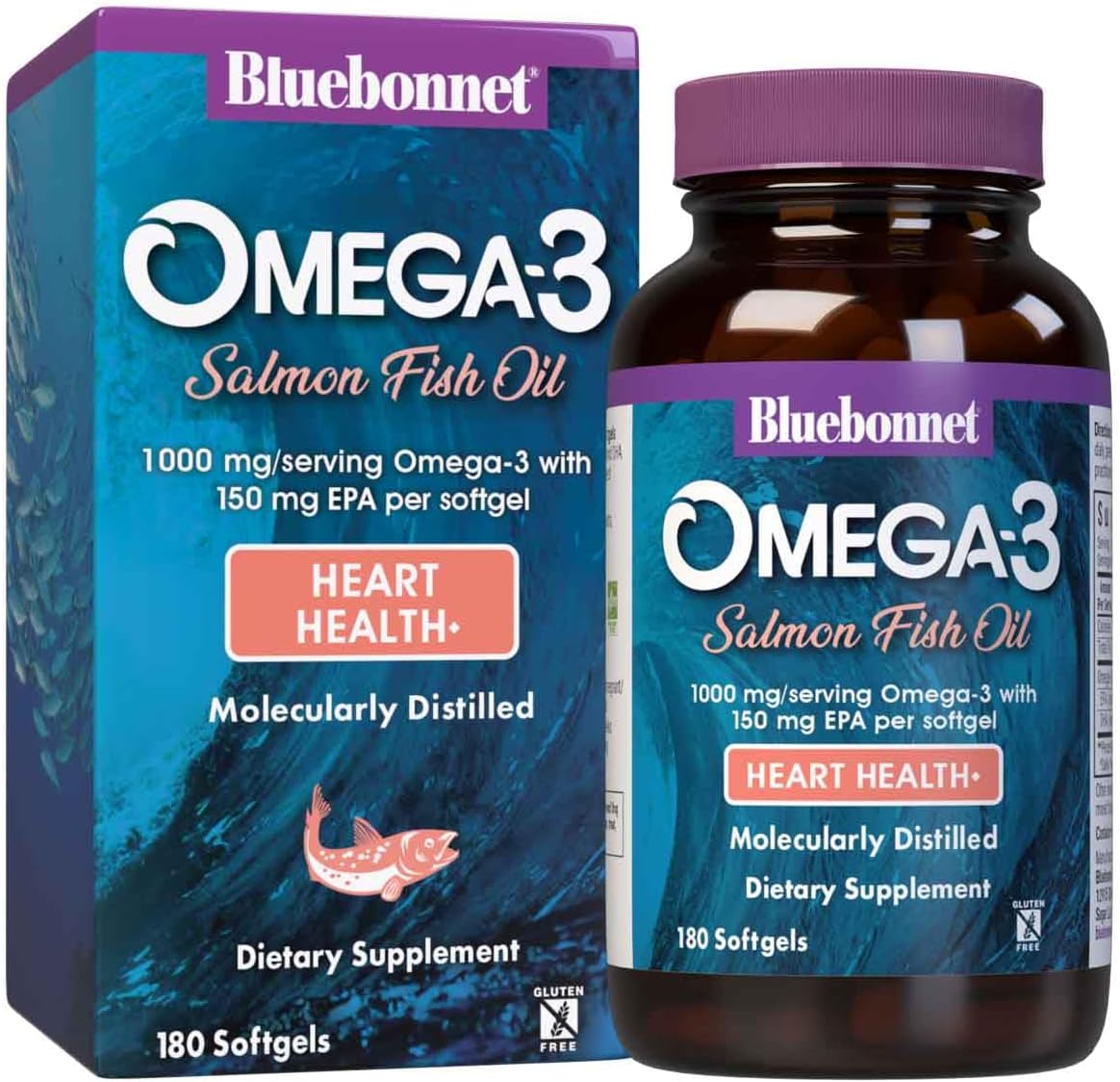 BlueBonnet Omega 3 1000mg Salmon Oil EPA DHA Essential Fatty Acids - Heart Health Supplement for Women & Men - Molecularly Distilled, Triglyceride Form Omega-3 Wild Salmon Fish Oil - 180 Softgels