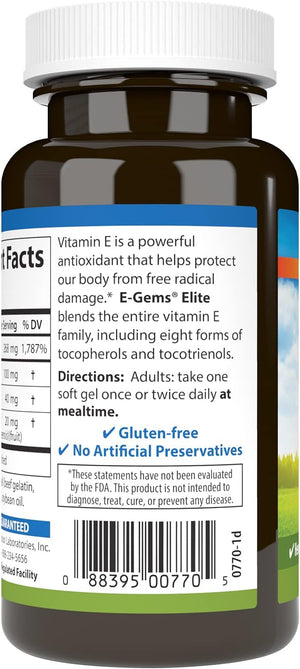 Carlson - E-Gems Elite, 400 IU Vitamin E with Tocopherols & Tocotrienols, Heart Health & Optimal Wellness, Antioxidant, 60 soft gels