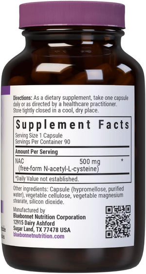 Bluebonnet NAC Supplement N-Acetyl-L-Cysteine 500 mg - Antioxidant Cellular Health & Immune Support - Free-Form Amino Acid for Women & Men - Non-GMO, Kosher, Gluten-Free - 90 Vegetable Capsules
