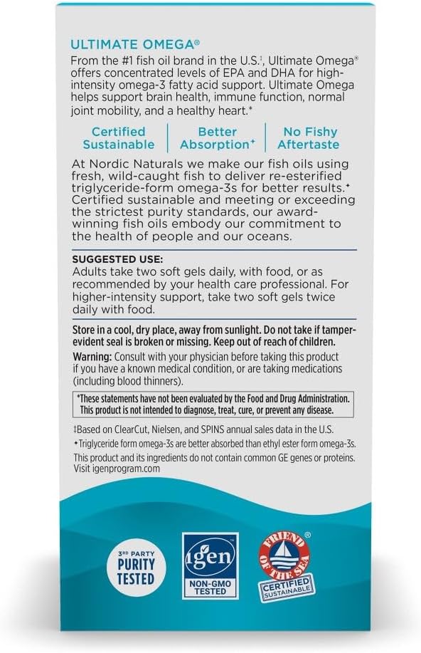 Nordic Naturals Ultimate Omega, Lemon Flavor - 120 Soft Gels - 1280 mg Omega-3 - High-Potency Fish Oil Supplement with EPA &amp; DHA - Promotes Brain &amp; Heart Health - Non-GMO - 60 Servings