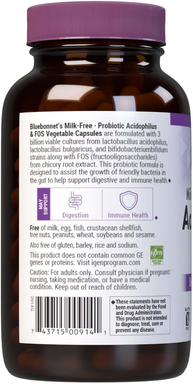 Bluebonnet Nutrition Milk-Free Probiotic Acidophilus &amp; FOS, Digestive Health*, Immune Health*, Gluten-Free, Soy-Free, Dairy-Free, 250 Vegetable Capsules, 250 Servings