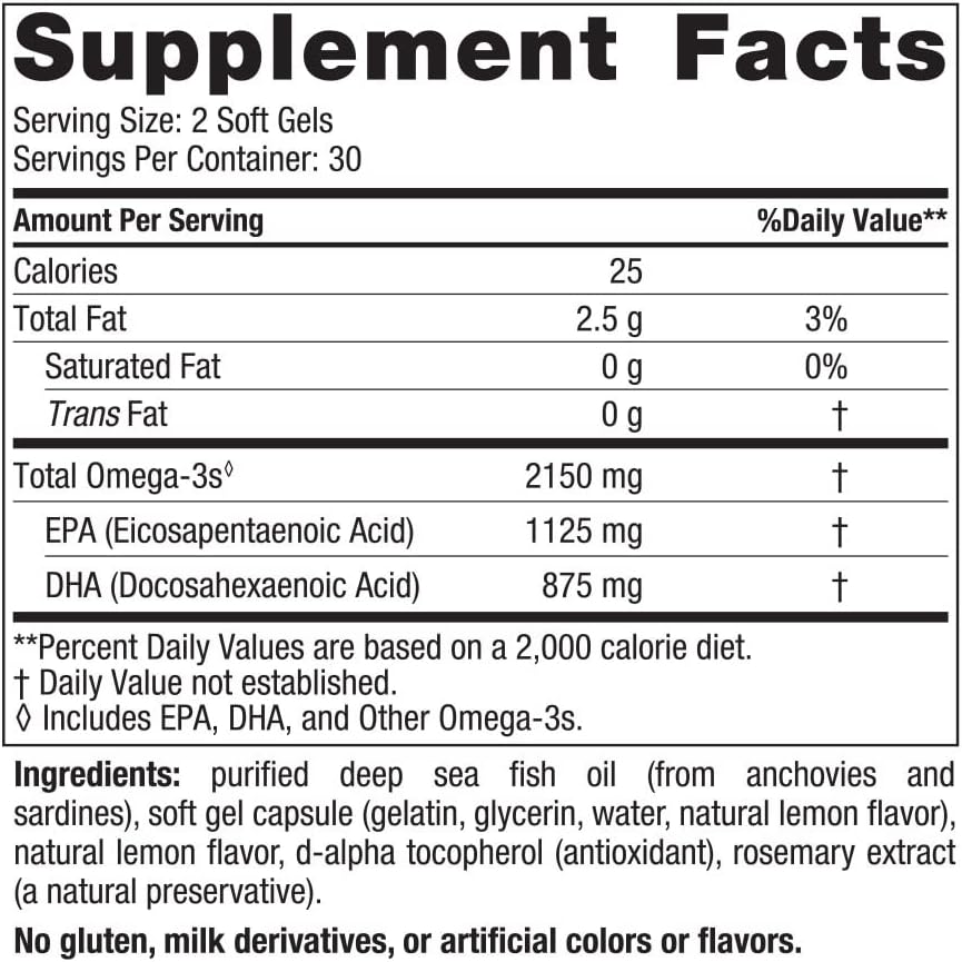 Nordic Naturals Ultimate Omega 2X, Lemon Flavor - 60 Soft Gels - 2150 mg Omega-3 - High-Potency Fish Oil with EPA &amp; DHA - Promotes Brain &amp; Heart Health - Non-GMO - 30 Servings