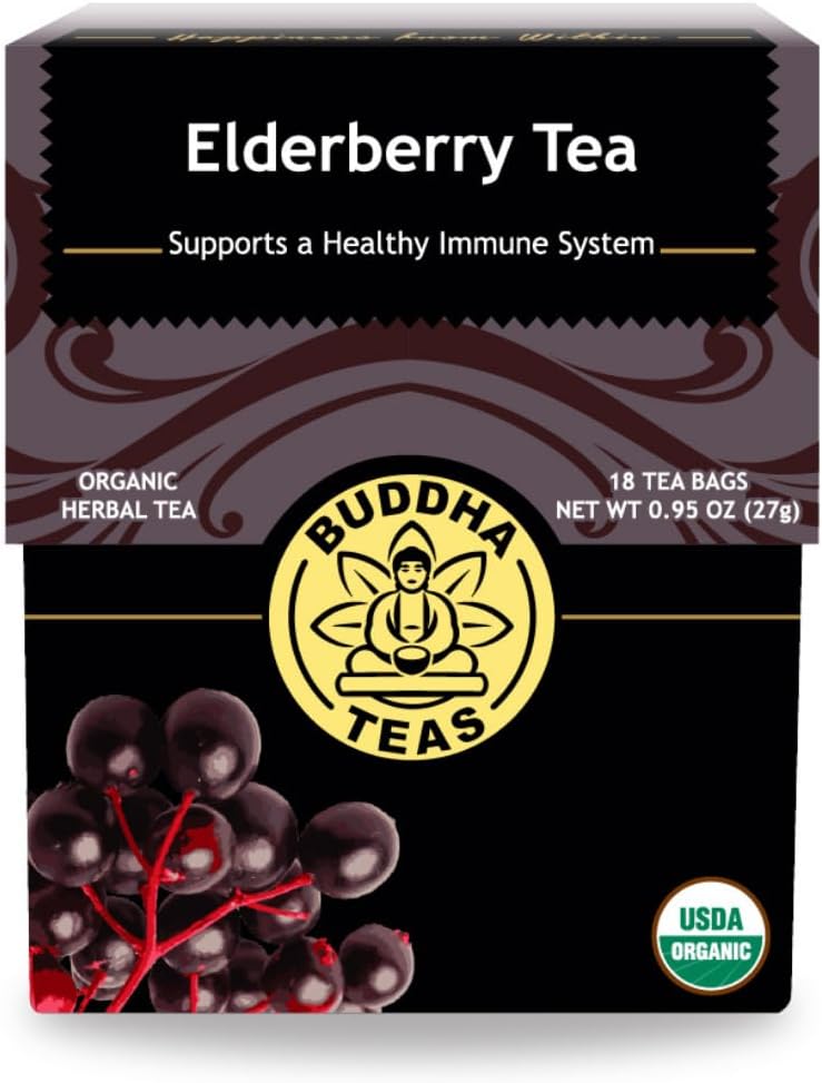 Buddha Teas - Organic Elderberry - Herbal Tea - For Health &amp; Wellbeing - With Antioxidants &amp; Minerals - Clean Ingredients - Caffeine Free - OU Kosher &amp; Non-GMO - 18 Tea Bags