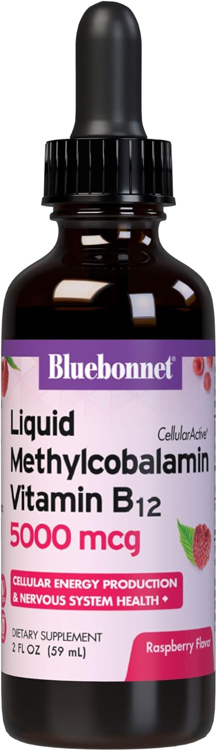 Bluebonnet Liquid Methylcobalamin Vitamin B12 5000 mcg Active Coenzyme Form of Vitamin B 12 Liquid Drops Energy Supplement for Women &amp; Men - Vegan, Gluten-Free - Raspberry Flavor - 2 Fl Oz