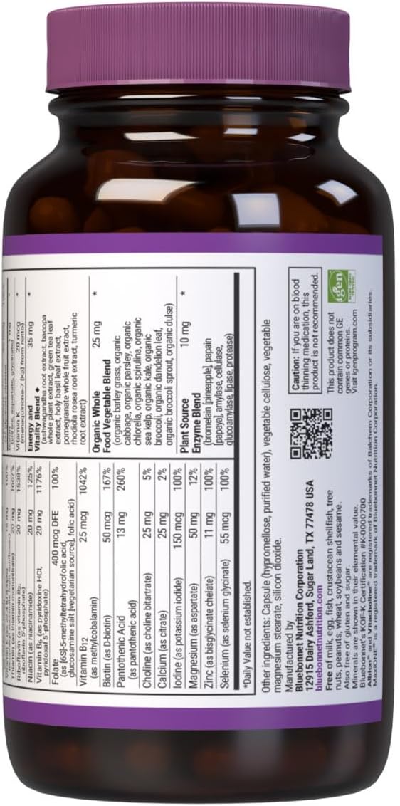 Bluebonnet Nutrition Maxi One (Iron-Free), Whole Food Multiple, Enzymes, Energy, Vitality, Gluten, Soy & Green Free, Kosher, Vegetarian Friendly, Non-GMO, 90 Count