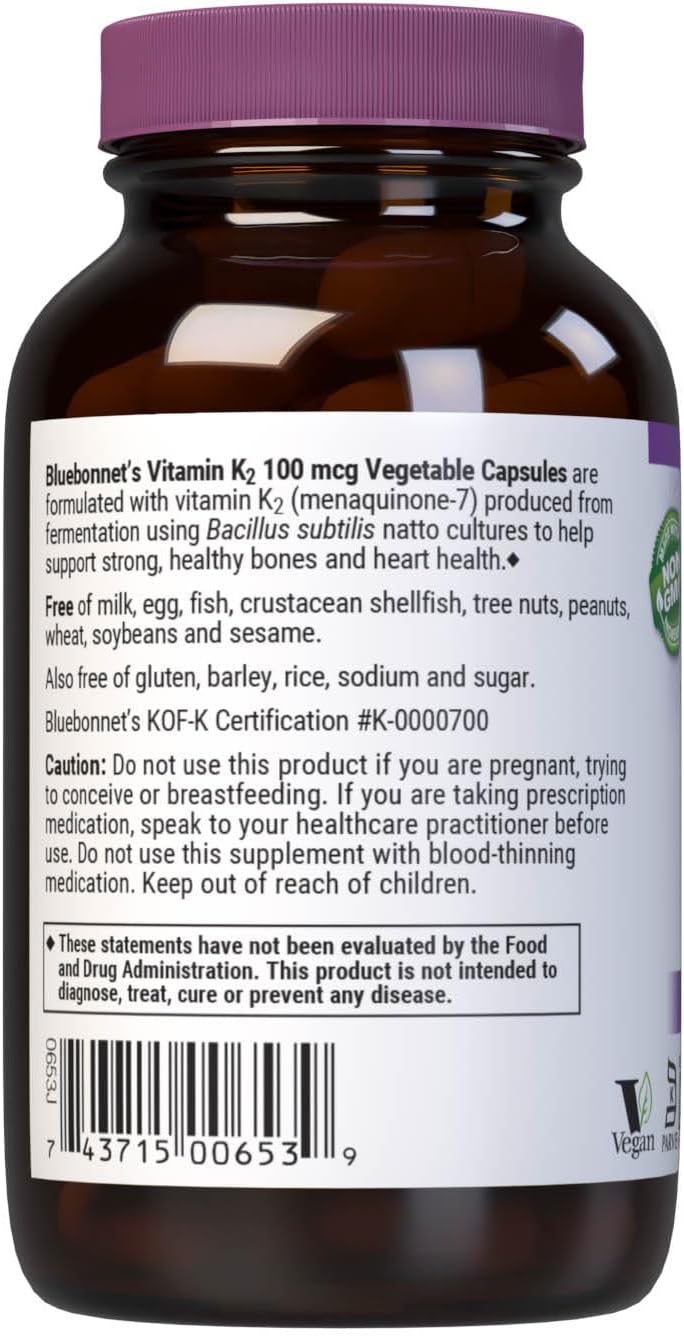Bluebonnet Nutrition Vitamin K2 Supplement 100 mcg Daily Vit K2 MK7 Heart Health &amp; Bone Vitamins for Women &amp; Men* - Vegan, non-GMO, Dairy-Free, Gluten-Free Vit K - 100 Vegetable Capsules