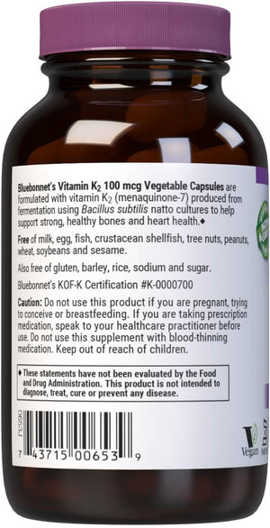 Bluebonnet Nutrition Vitamin K2 Supplement 100 mcg Daily Vit K2 MK7 Heart Health & Bone Vitamins for Women & Men* - Vegan, non-GMO, Dairy-Free, Gluten-Free Vit K - 100 Vegetable Capsules