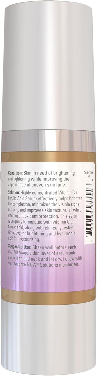 NOW Foods Solutions, Vitamin C Serum Plus Ferulic Acid, Skin Brightening and Tightening, Highly Concentrated, 1-Ounce