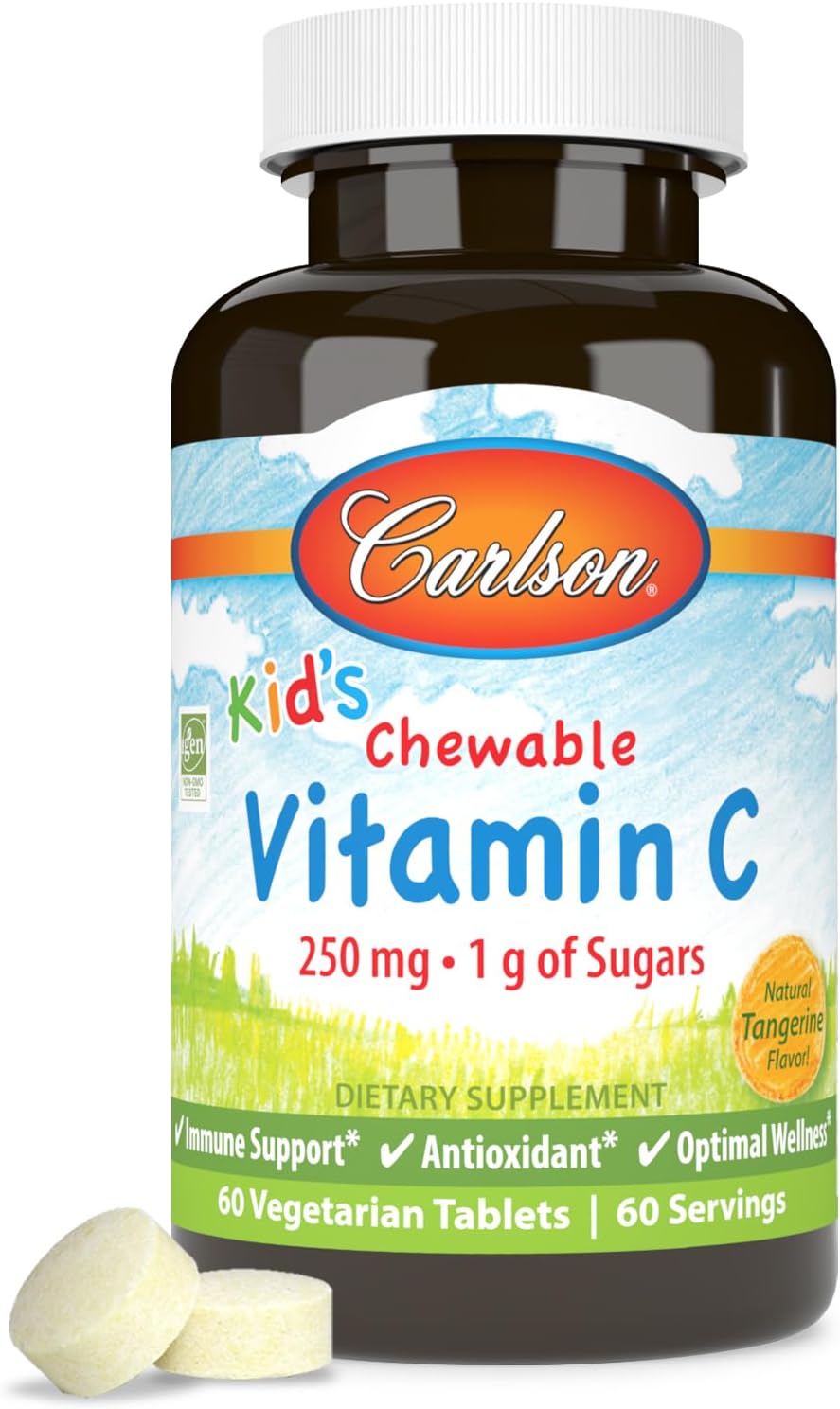 Carlson - Kid&#39;s Chewable Vitamin C, 250 mg, 1 g of Sugars, Immune Support &amp; Optimal Wellness, Antioxidant, Tangerine, 60 Vegetarian Tablets