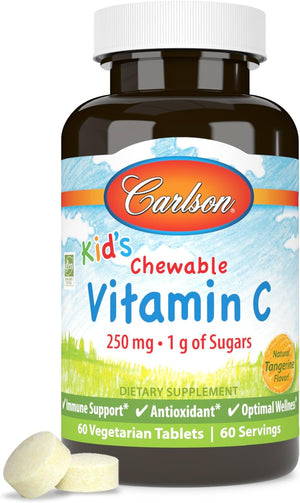 Carlson - Kid's Chewable Vitamin C, 250 mg, 1 g of Sugars, Immune Support & Optimal Wellness, Antioxidant, Tangerine, 60 Vegetarian Tablets