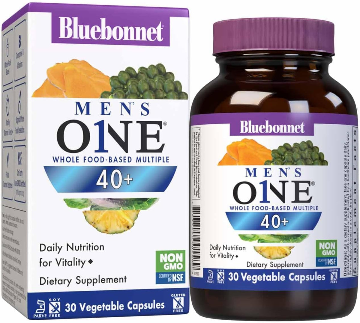 BlueBonnet Nutrition Mens&#39; ONE 40+ Whole Food-Based Multiple, Men Multivitamin for Men 40+, Soy-Free, Non-GMO, Gluten Free, Kosher, 30 Vegetable Capsules, 30 Servings