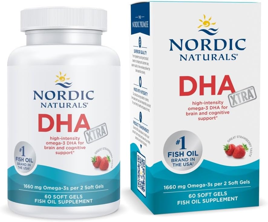 Nordic Naturals DHA Xtra, Strawberry - 60 Soft Gels - 1660 mg Omega-3 - High-Intensity DHA Formula for Brain &amp; Nervous System Support - Non-GMO - 30 Servings