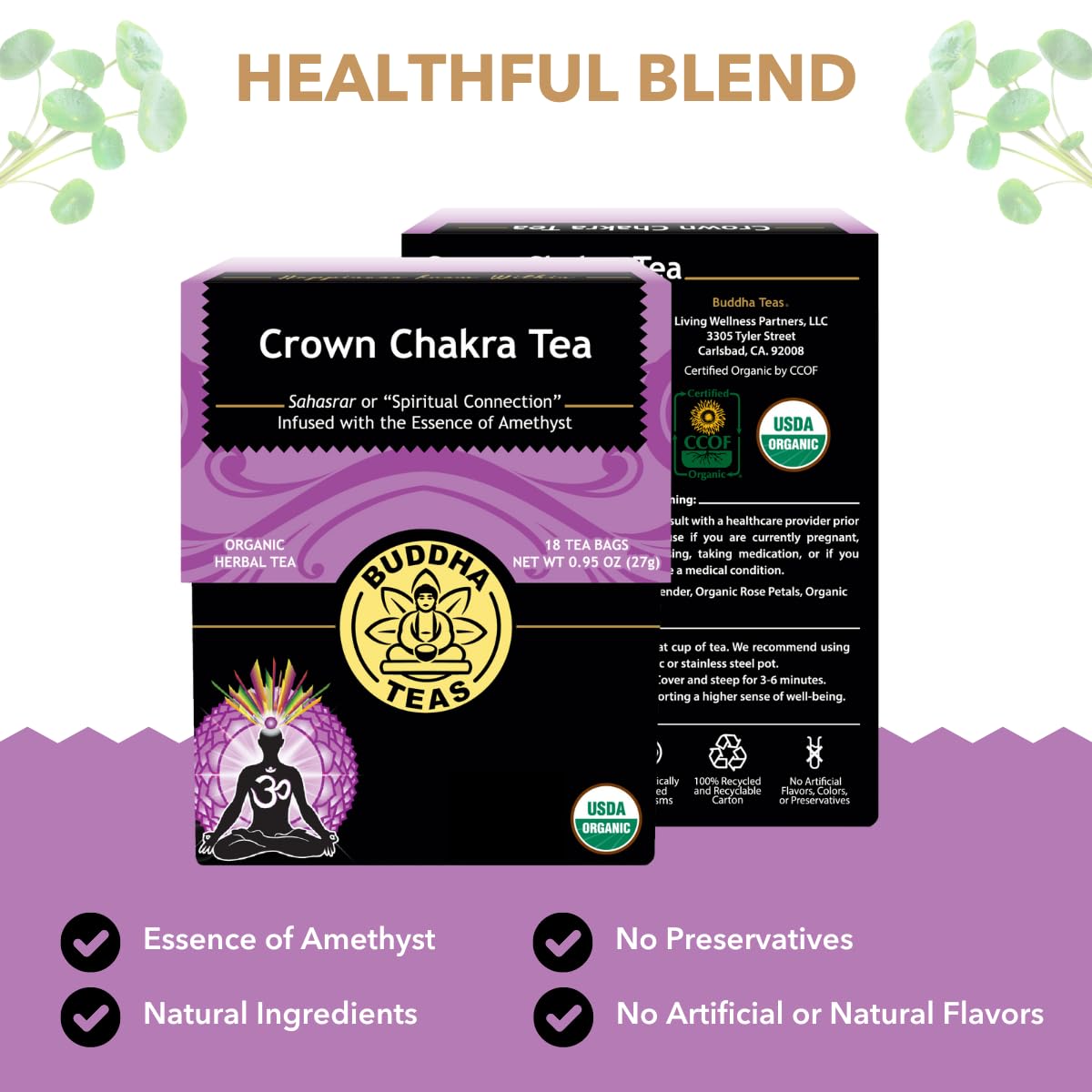 Buddha Teas - Crown Chakra Tea - Organic Herbal Tea - For Spiritual Connection - With Lavender, Gotu Kola Leaf, Rose Petal & Amethyst Essence - 100% Kosher - 18 Tea Bags