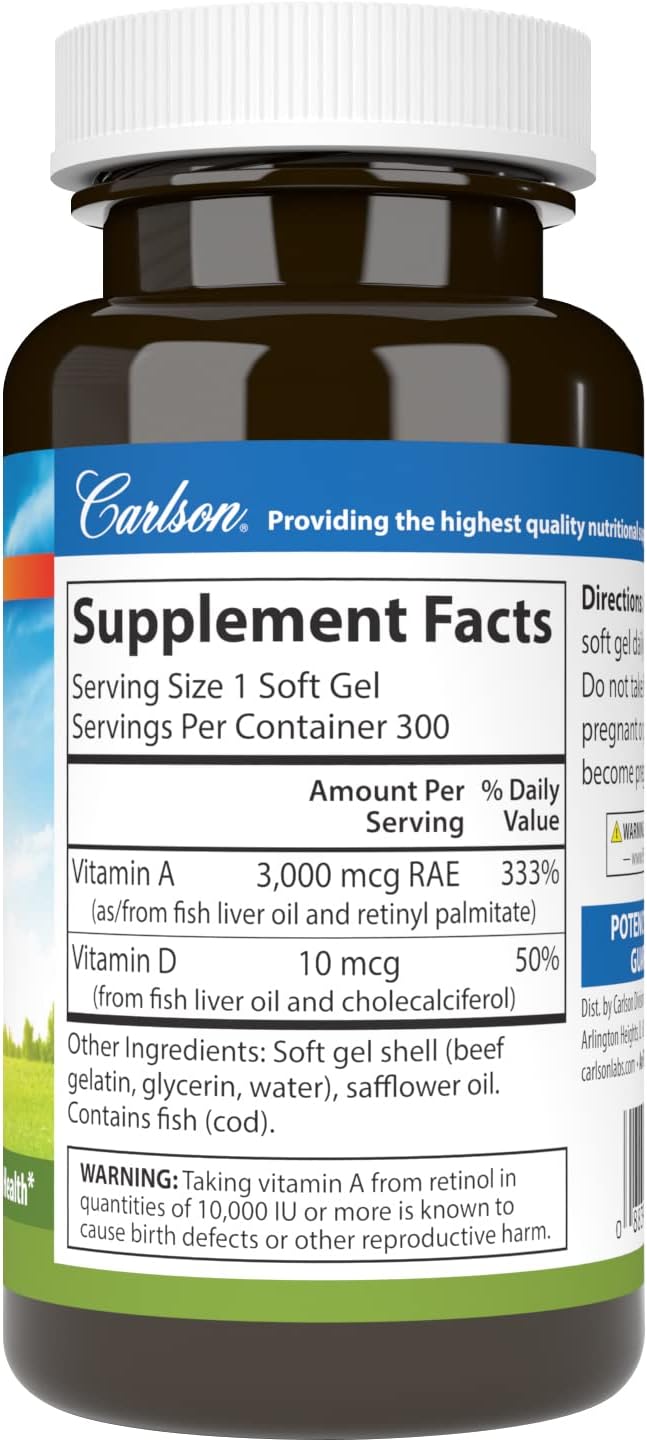 Carlson - A &amp; D, 10000 IU (3000 mcg RAE) Vitamin A, 400 IU (10 mcg) Vitamin D3, Vision Support, Skin Health, 300 Soft Gels