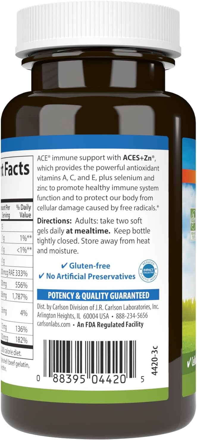 Carlson - ACES + Zn, Vitamins A, C, E + Selenium &amp; Zinc, Cellular Health &amp; Immune Support, Antioxidant, 60 Softgels