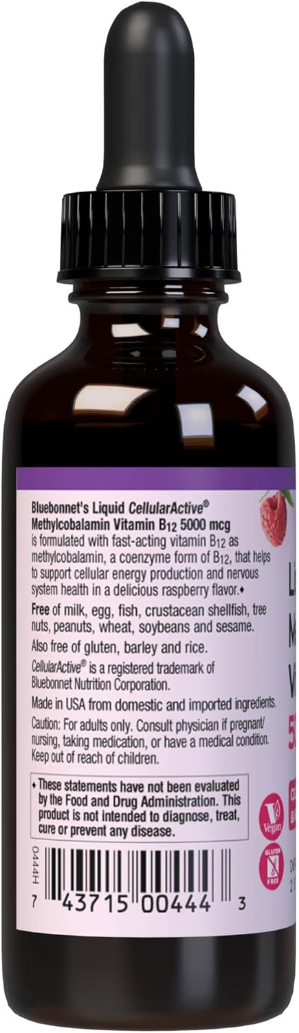 Bluebonnet Liquid Methylcobalamin Vitamin B12 5000 mcg Active Coenzyme Form of Vitamin B 12 Liquid Drops Energy Supplement for Women &amp; Men - Vegan, Gluten-Free - Raspberry Flavor - 2 Fl Oz