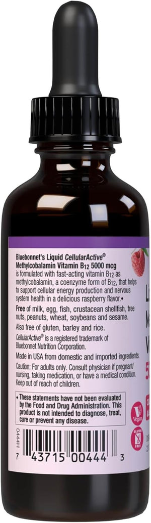 Bluebonnet Liquid Methylcobalamin Vitamin B12 5000 mcg Active Coenzyme Form of Vitamin B 12 Liquid Drops Energy Supplement for Women & Men - Vegan, Gluten-Free - Raspberry Flavor - 2 Fl Oz