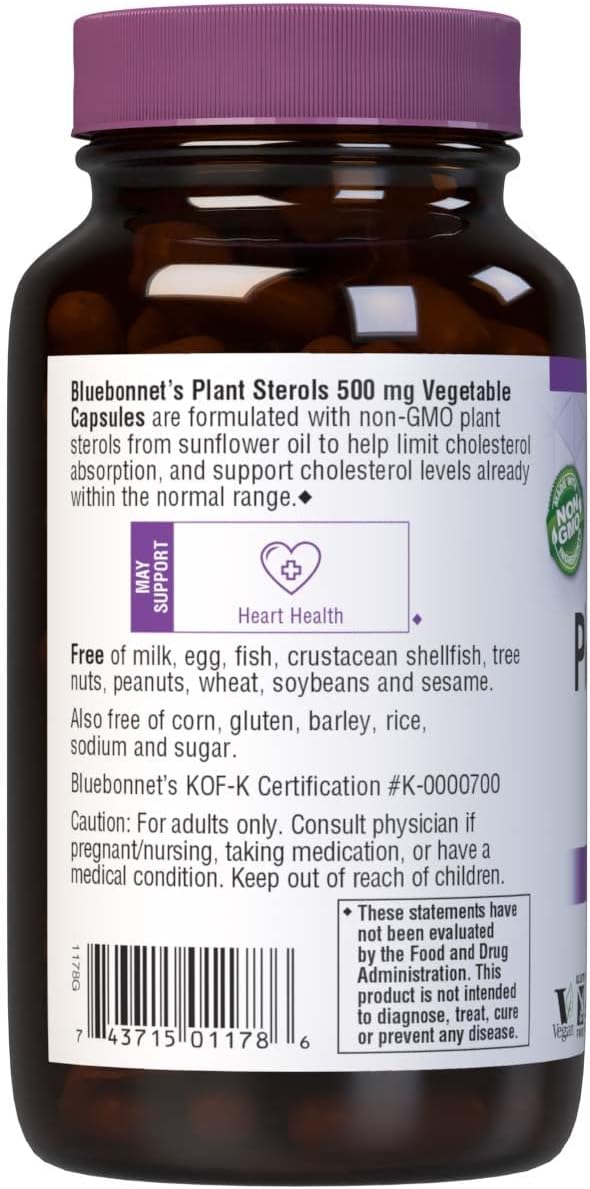Bluebonnet Nutrition Plant Sterols 500mg Heart Health Supplement for Men & Women* - Non-GMO Beta-Sitosterol from Sunflower Oil - Vegan, Gluten-Free - 90 Vegetable Capsules