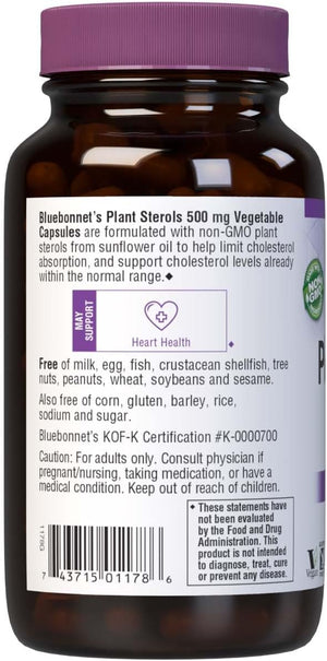 Bluebonnet Nutrition Plant Sterols 500mg Heart Health Supplement for Men & Women* - Non-GMO Beta-Sitosterol from Sunflower Oil - Vegan, Gluten-Free - 90 Vegetable Capsules