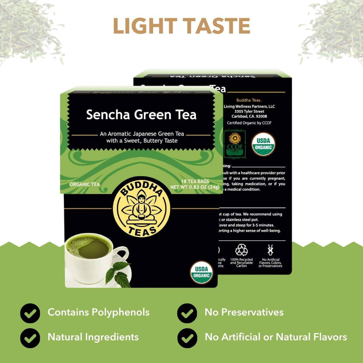 Buddha Teas - Organic Sencha Green Tea - For Health &amp; Wellbeing - Japanese Green Tea - With Antioxidants &amp; Minerals - Clean Ingredients - Caffeinated - OU Kosher &amp; Non-GMO - 18 Tea Bags
