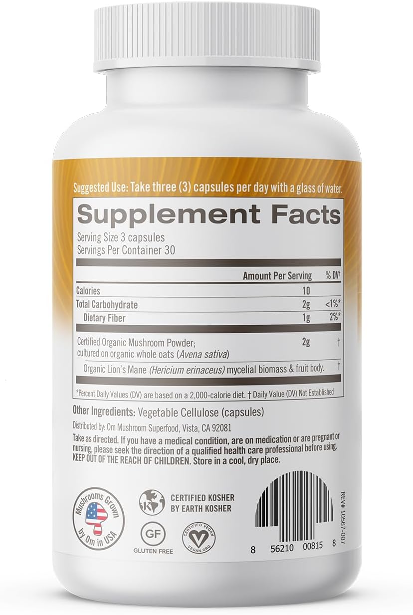 OM MUSHROOM SUPERFOOD Lion's Mane Mushroom Capsules Superfood Supplement, 90 Count, 30 Day Supply, Fruit Body and Mycelium Nootropic for Memory, Focus, Nerve Health and Immune Support