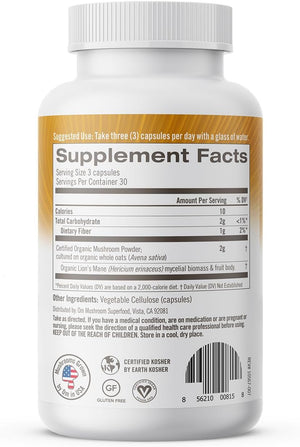 OM MUSHROOM SUPERFOOD Lion's Mane Mushroom Capsules Superfood Supplement, 90 Count, 30 Day Supply, Fruit Body and Mycelium Nootropic for Memory, Focus, Nerve Health and Immune Support