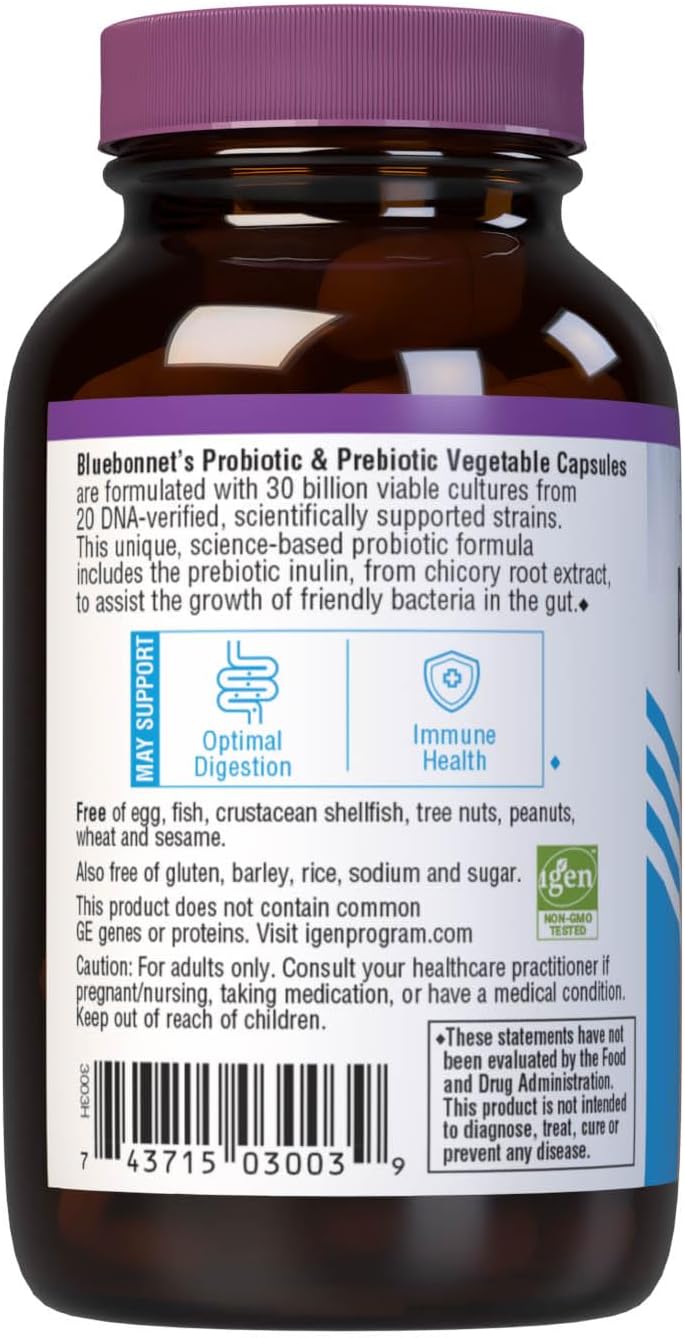 Bluebonnet Nutrition Probiotic and Prebiotic, 30 Billion CFU Per Serving, Supports Immune &amp; Aids in Digestive Health, Gluten-Free, Non-GMO, 30 Count