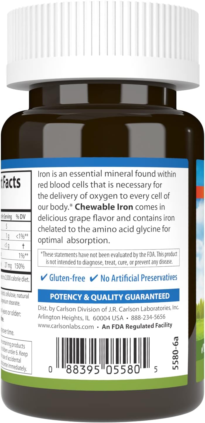 Carlson Chewable Iron 27 mg, Grape, Blood Health, 30 Tablets