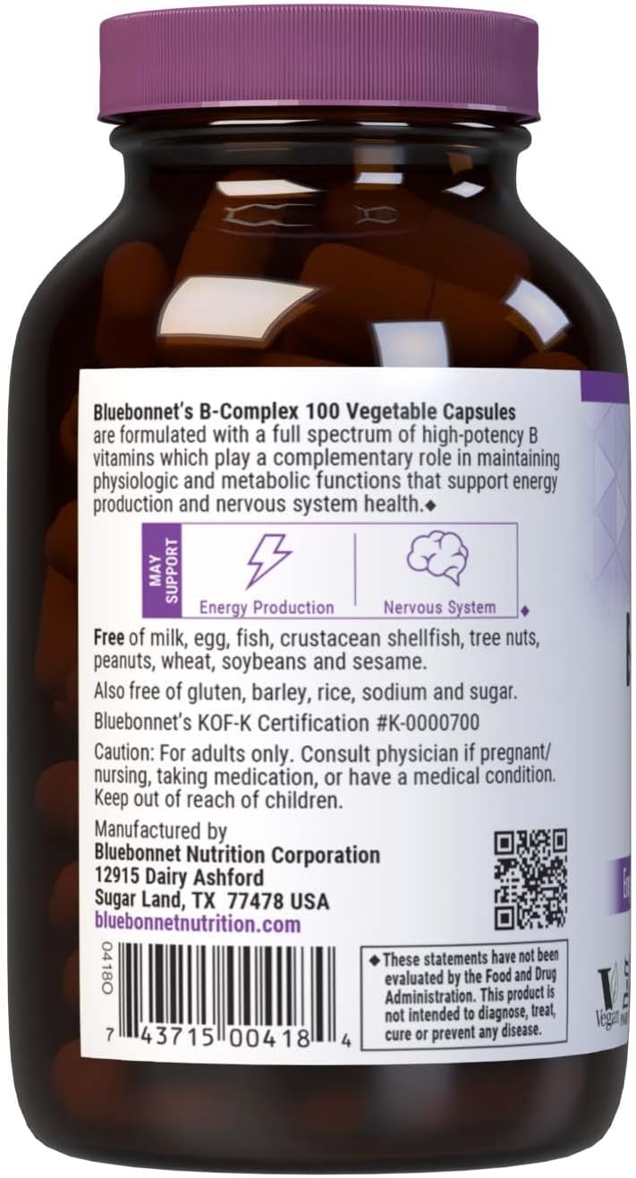 Bluebonnet Nutrition B Complex, Complete Full Spectrum, Vitamin B6, B12, Biotin, Folate, Vegan, Vegetarian, Gluten, Soy &amp; Milk Free, Kosher, 100 Count