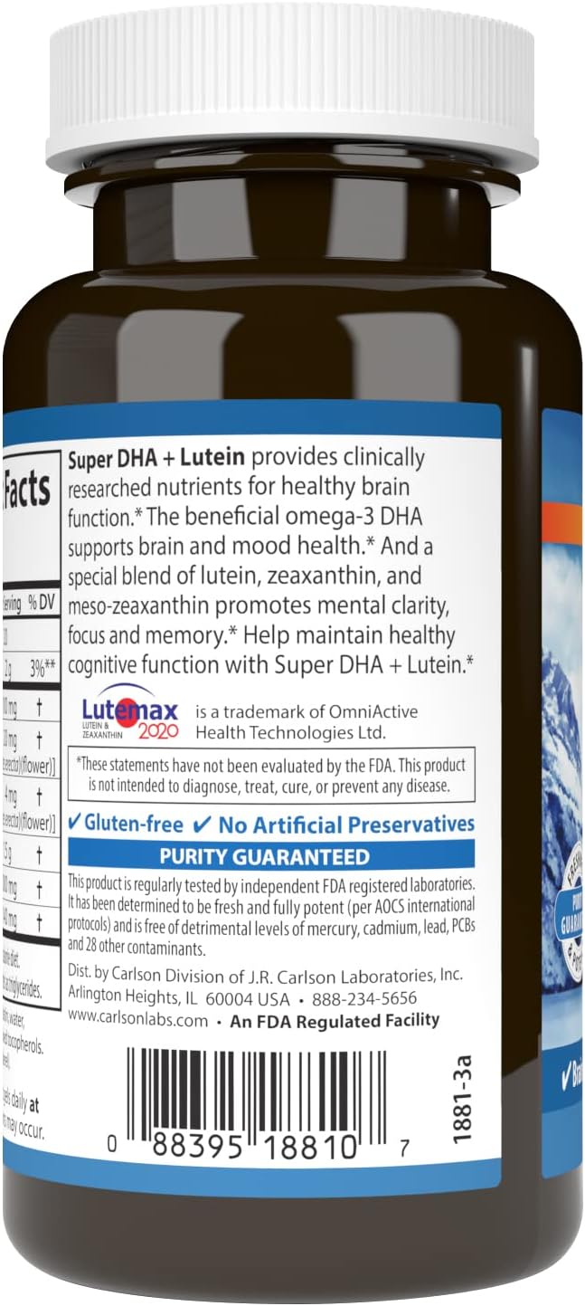 Carlson - Super DHA Plus Lutein, 1000 mg DHA + 20 mg Lutein, 60 Softgels