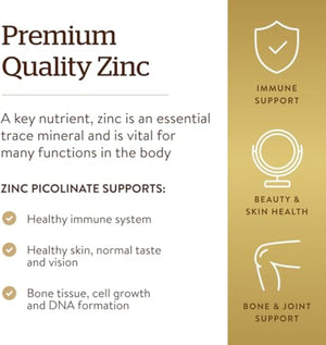 Solgar Zinc Picolinate 22 mg, 100 Tablets - Promotes Healthy Skin - Supports Immune System, Normal Taste & Vision - Antioxidant – Non-GMO, Vegan, Gluten Free, Kosher - 100 Servings