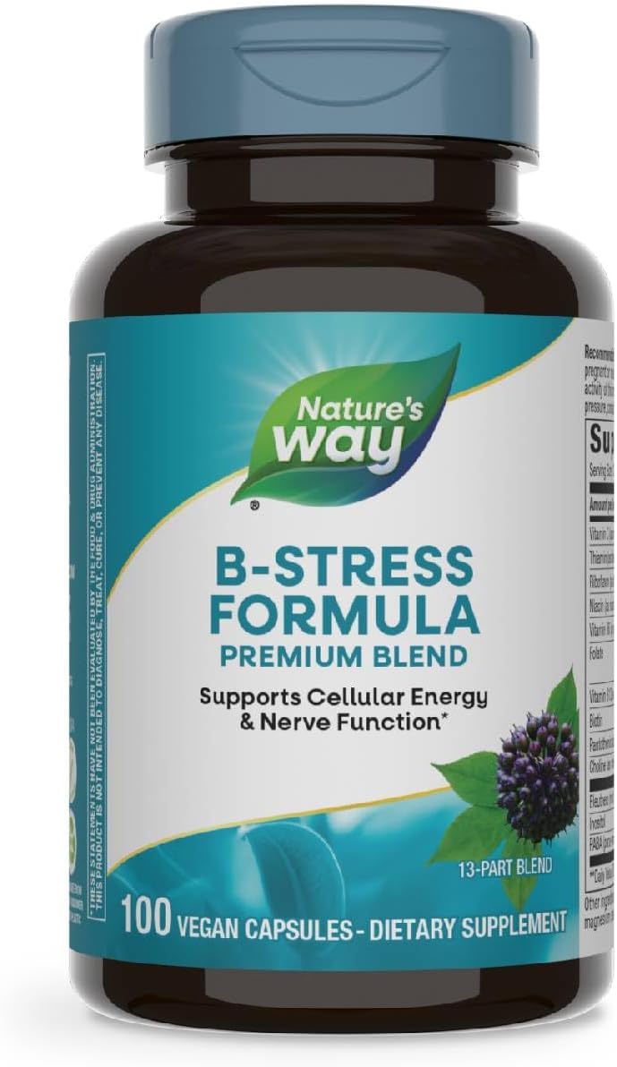 Nature&#39;s Way B-Stress Formula, Supports Cellular Energy &amp; Nerve Function*, With Vitamins C, B12, Vitamin B6 &amp; More, Gluten Free, 100 Vegan Capsules