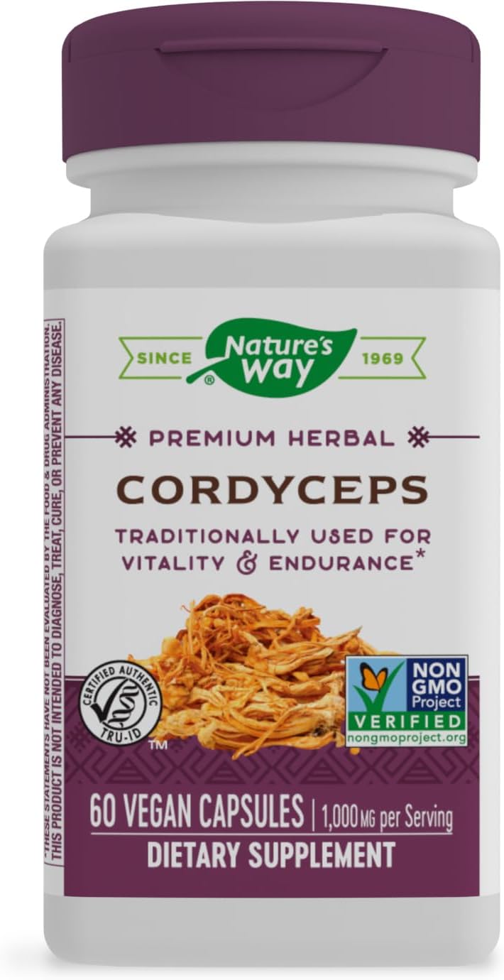 Nature&#39;s Way Cordyceps Premium Herbal - 1,000 mg Per 2-Capsule Serving - Traditional Support for Vitality &amp; Endurance* - Mushroom Supplement - Gluten Free - 60 Vegan Capsules
