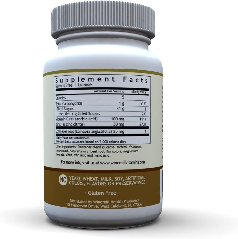 Windmill Health Products Zinc Lozenges, Immune Booster, with Echinacea and Vitamin C, 60 Lozenges, 60 Count