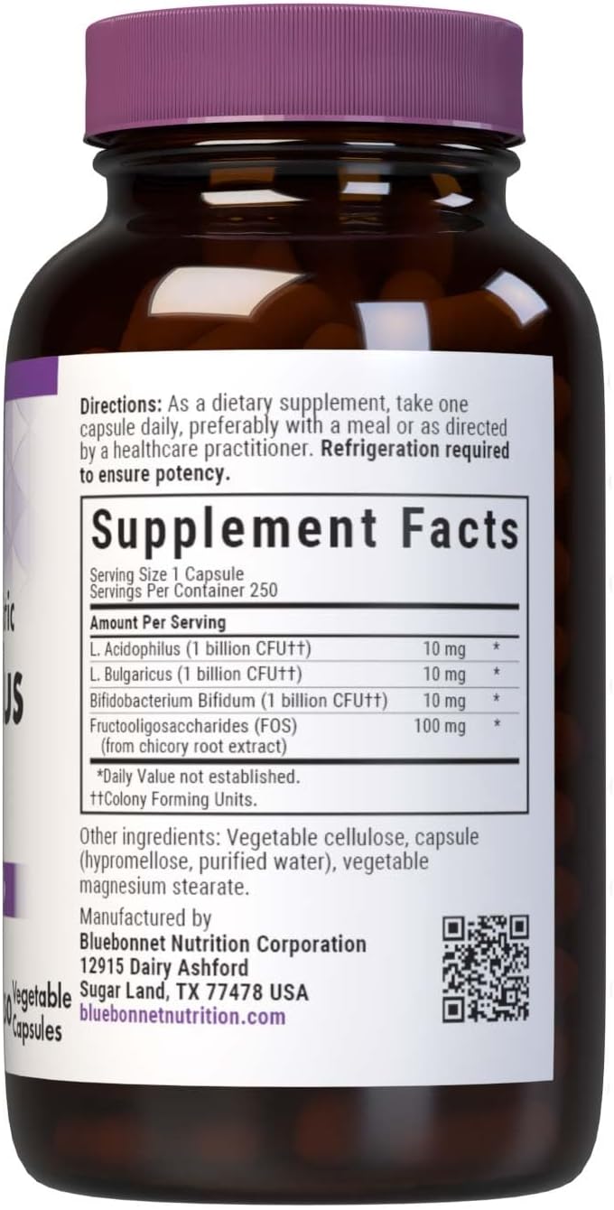 Bluebonnet Nutrition Milk-Free Probiotic Acidophilus &amp; FOS, Digestive Health*, Immune Health*, Gluten-Free, Soy-Free, Dairy-Free, 250 Vegetable Capsules, 250 Servings