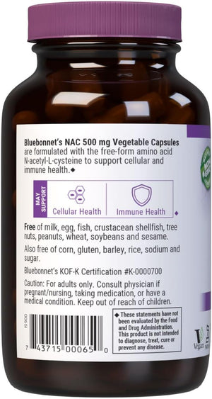Bluebonnet NAC Supplement N-Acetyl-L-Cysteine 500 mg - Antioxidant Cellular Health & Immune Support - Free-Form Amino Acid for Women & Men - Non-GMO, Kosher, Gluten-Free - 90 Vegetable Capsules